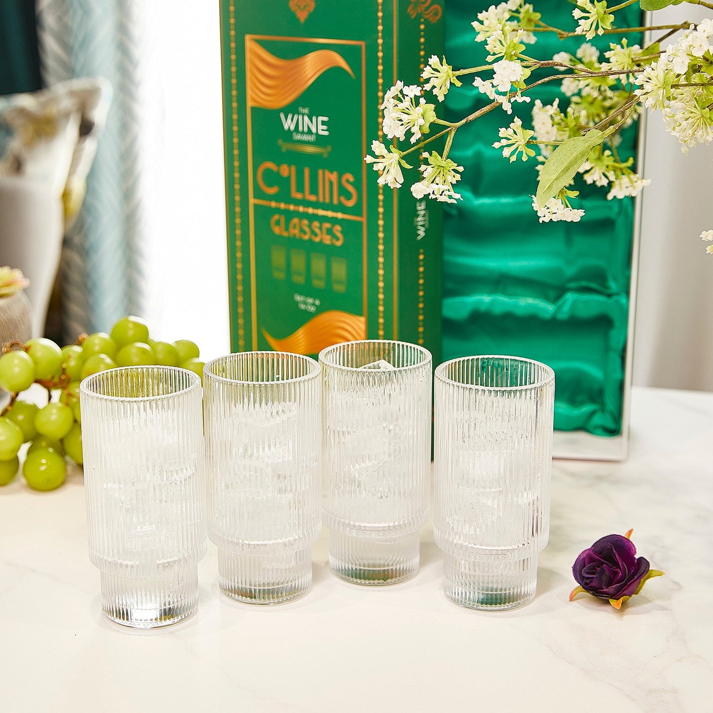 Vintage Art Deco Crystal Highball Ribbed Glass Set of 4 - Ripple, Collins Glassware 14oz Classic Crystal Cocktail Glasses Perfect for Water, Champagne, Beer, Juice, Tom Cocktails - Barware Tumblers-1