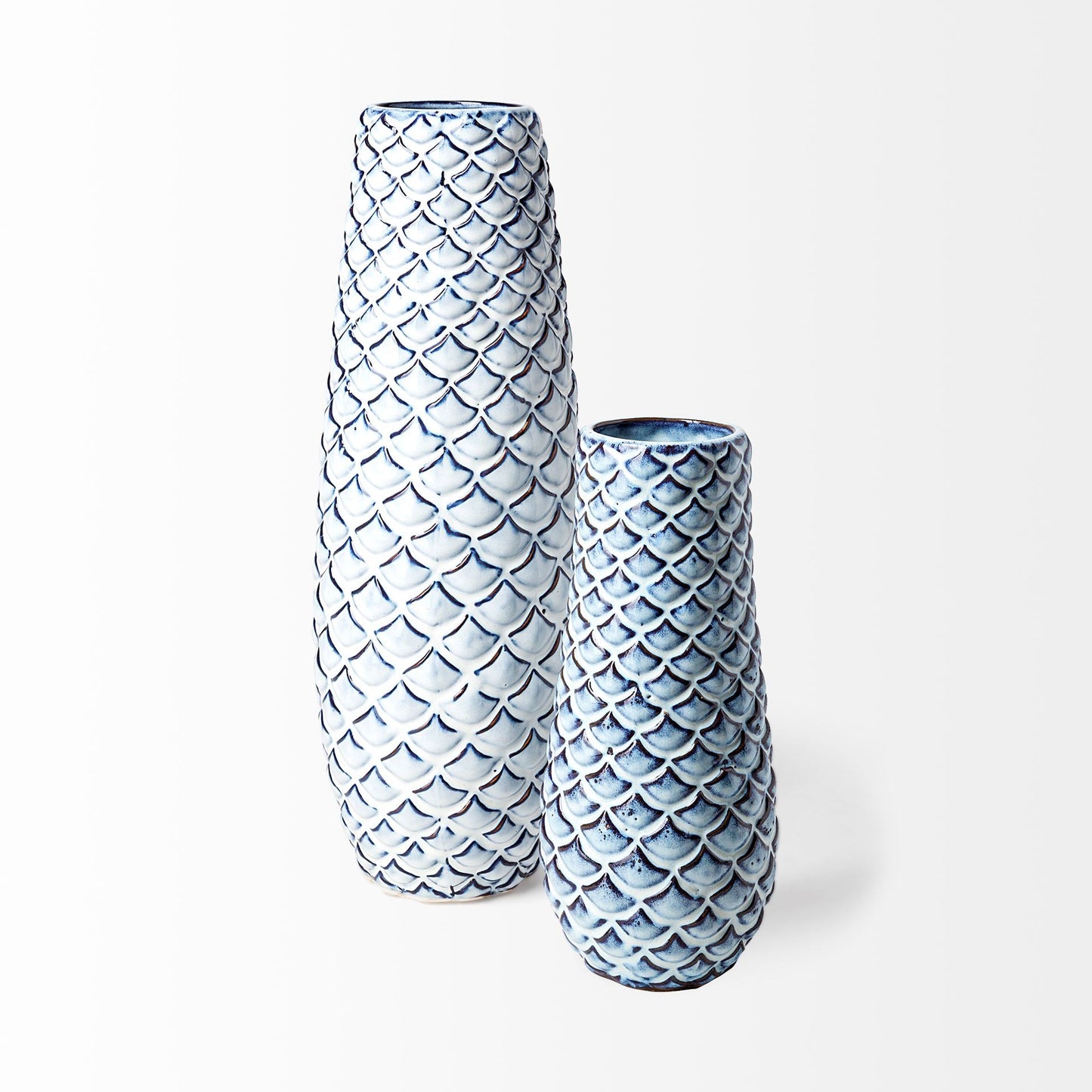 16" Aqua Blue Glaze Fishscale Pattern Ceramic Vase-1
