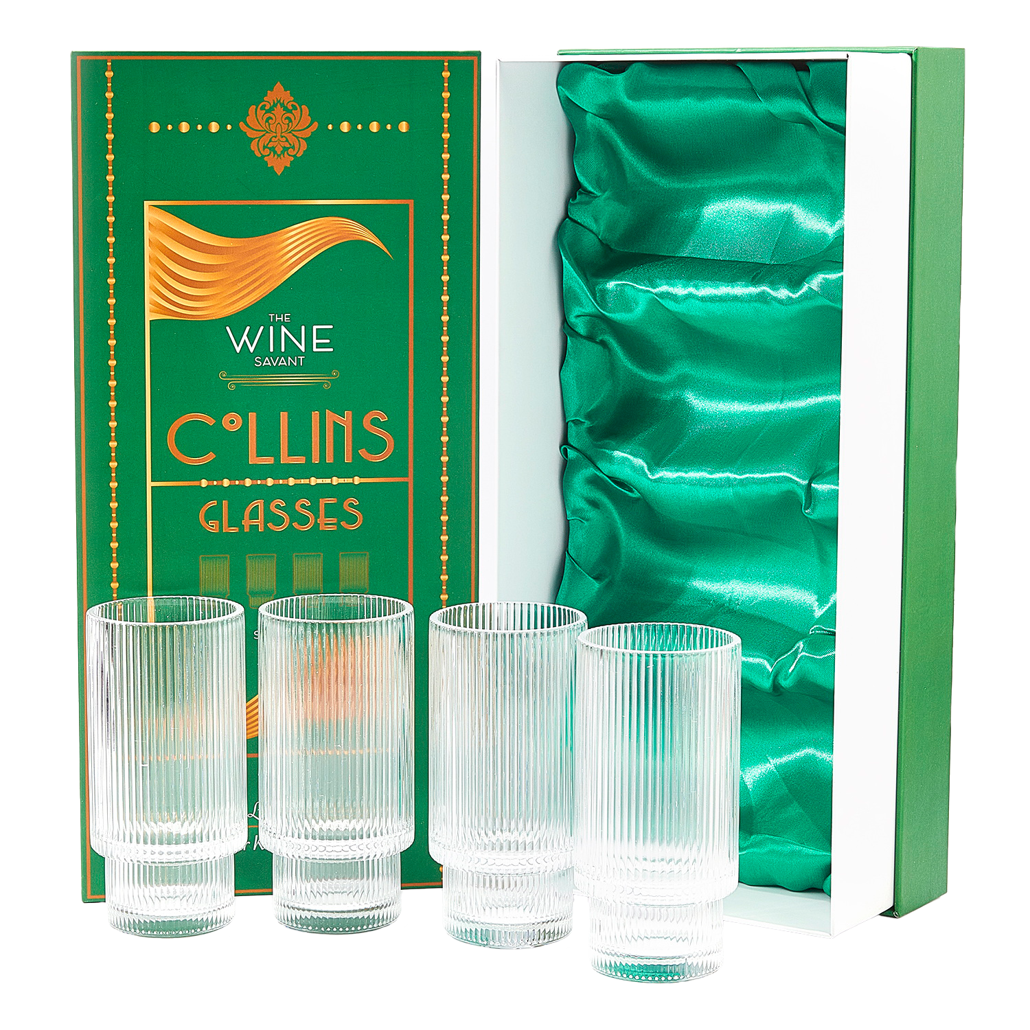 Vintage Art Deco Crystal Highball Ribbed Glass Set of 4 - Ripple, Collins Glassware 14oz Classic Crystal Cocktail Glasses Perfect for Water, Champagne, Beer, Juice, Tom Cocktails - Barware Tumblers-0