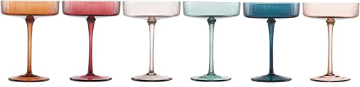 Vintage Art Deco Coupe Glasses Ribbed Coupe Cocktail Glasses 7 oz | Set of 6 | Pastel Colored Crystal Cocktail Glassware for Champagne, Martini, Manhattan Goblet Cocktails, Ripple Glassware - Gift Box-4