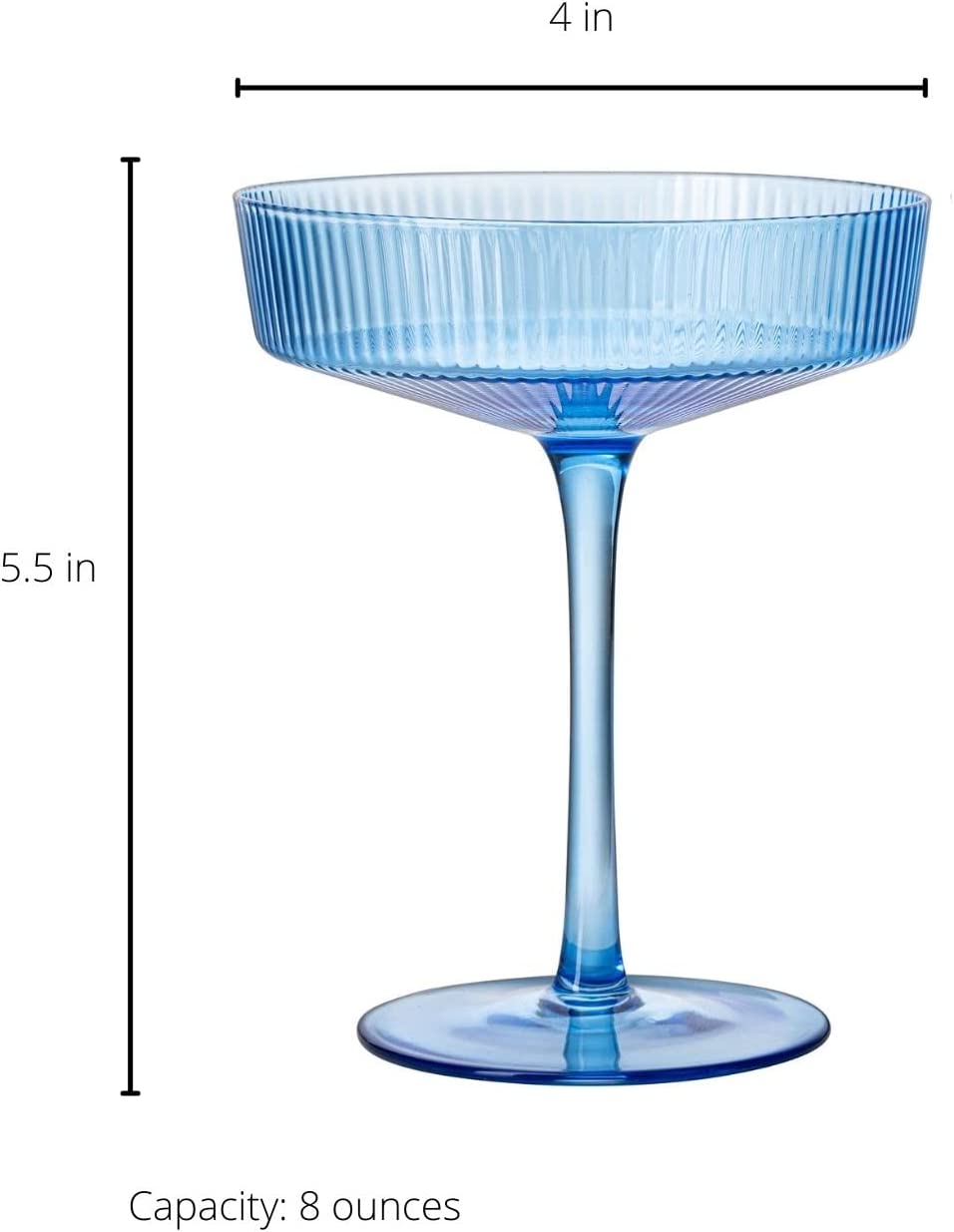Ribbed Coupe Cocktail Glasses 8 oz | Set of 2 | Classic Manhattan Glasses For Cocktails, Champagne Coupe, Ripple Coupe Glasses, Art Deco Gatsby Vintage, Crystal with Stems (Blue, Set of 2)-5