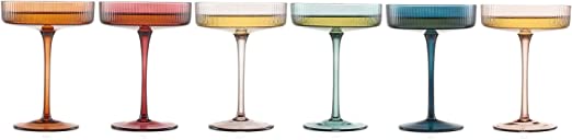 Vintage Art Deco Coupe Glasses Ribbed Coupe Cocktail Glasses 7 oz | Set of 6 | Pastel Colored Crystal Cocktail Glassware for Champagne, Martini, Manhattan Goblet Cocktails, Ripple Glassware - Gift Box-5