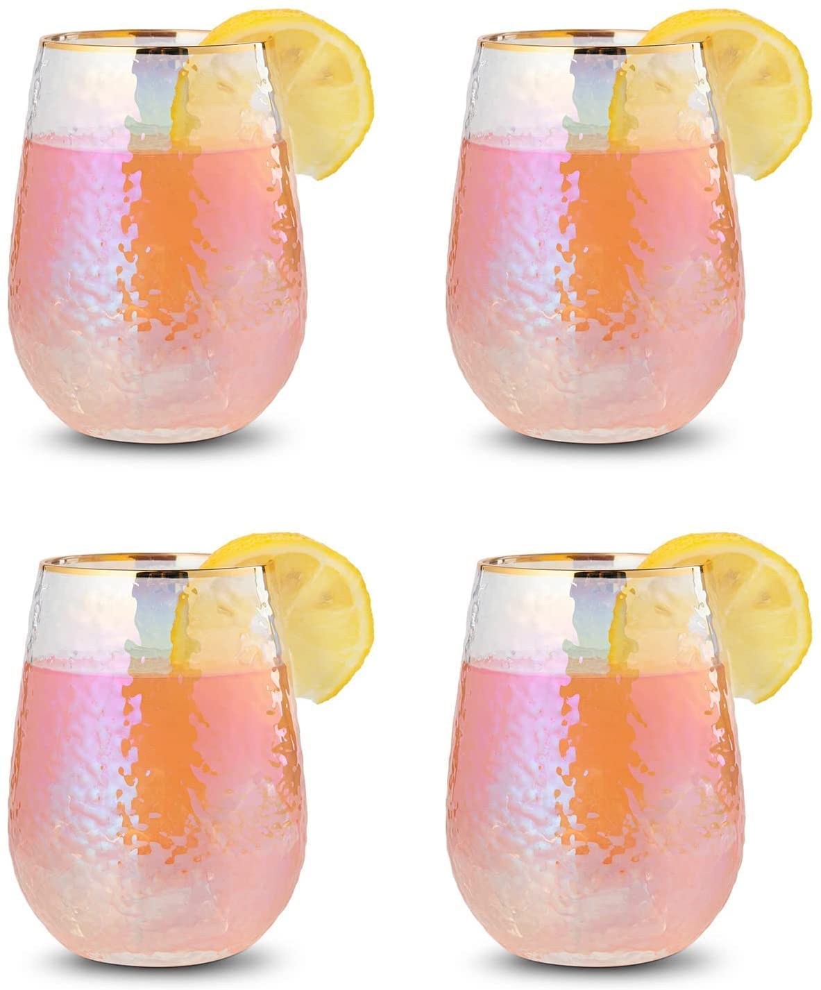 Festive Lustered Iridescent Stemless Wine & Water Glasses - Set of 4-100% Glass 15oz Mouthblown Colorful Glasses - Anniversaries, Birthday Gift, Cocktail Party Radiance - Water, Whiskey, Juice, Gift-4