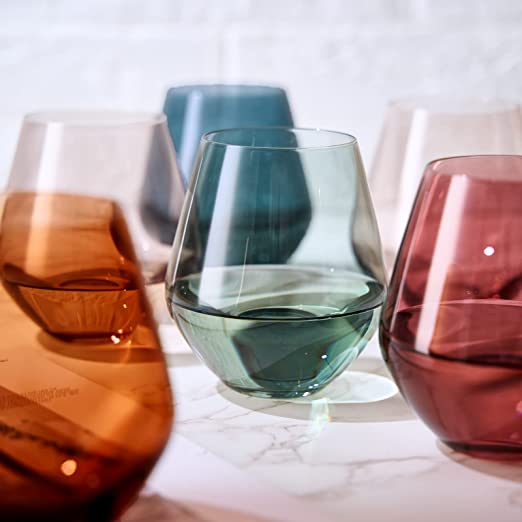 Colored Stemless Crystal Wine Glass Set of 6, Gift For Her, Him, Wife, Friend - Large 16 oz Glasses, Unique Italian Style Tall Drinkware - Red & White, Dinner, Color Beautiful Glassware - (Pastel)-2