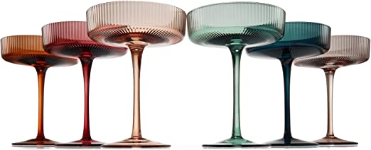 Vintage Art Deco Coupe Glasses Ribbed Coupe Cocktail Glasses 7 oz | Set of 6 | Pastel Colored Crystal Cocktail Glassware for Champagne, Martini, Manhattan Goblet Cocktails, Ripple Glassware - Gift Box-3