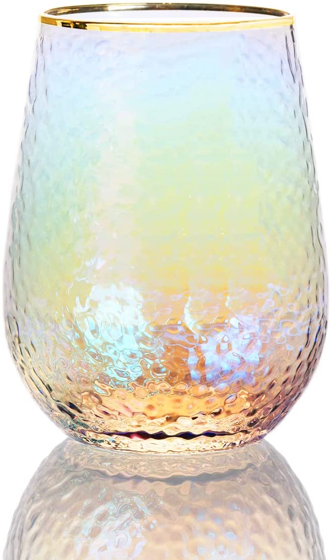 Festive Lustered Iridescent Stemless Wine & Water Glasses - Set of 4-100% Glass 15oz Mouthblown Colorful Glasses - Anniversaries, Birthday Gift, Cocktail Party Radiance - Water, Whiskey, Juice, Gift-3