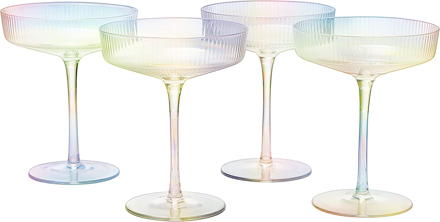 Ribbed Coupe Cocktail Glasses 8 oz | Set of 4 | Classic Manhattan Glasses For Cocktails, Champagne Coupe, Ripple Coupe Glasses, Art Deco Gatsby Vintage, Crystal with Stems (Iridescent)-9