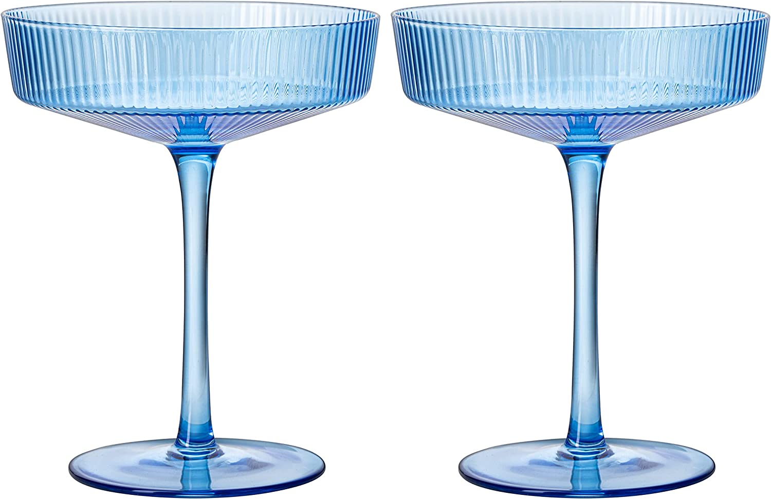 Ribbed Coupe Cocktail Glasses 8 oz | Set of 2 | Classic Manhattan Glasses For Cocktails, Champagne Coupe, Ripple Coupe Glasses, Art Deco Gatsby Vintage, Crystal with Stems (Blue, Set of 2)-4
