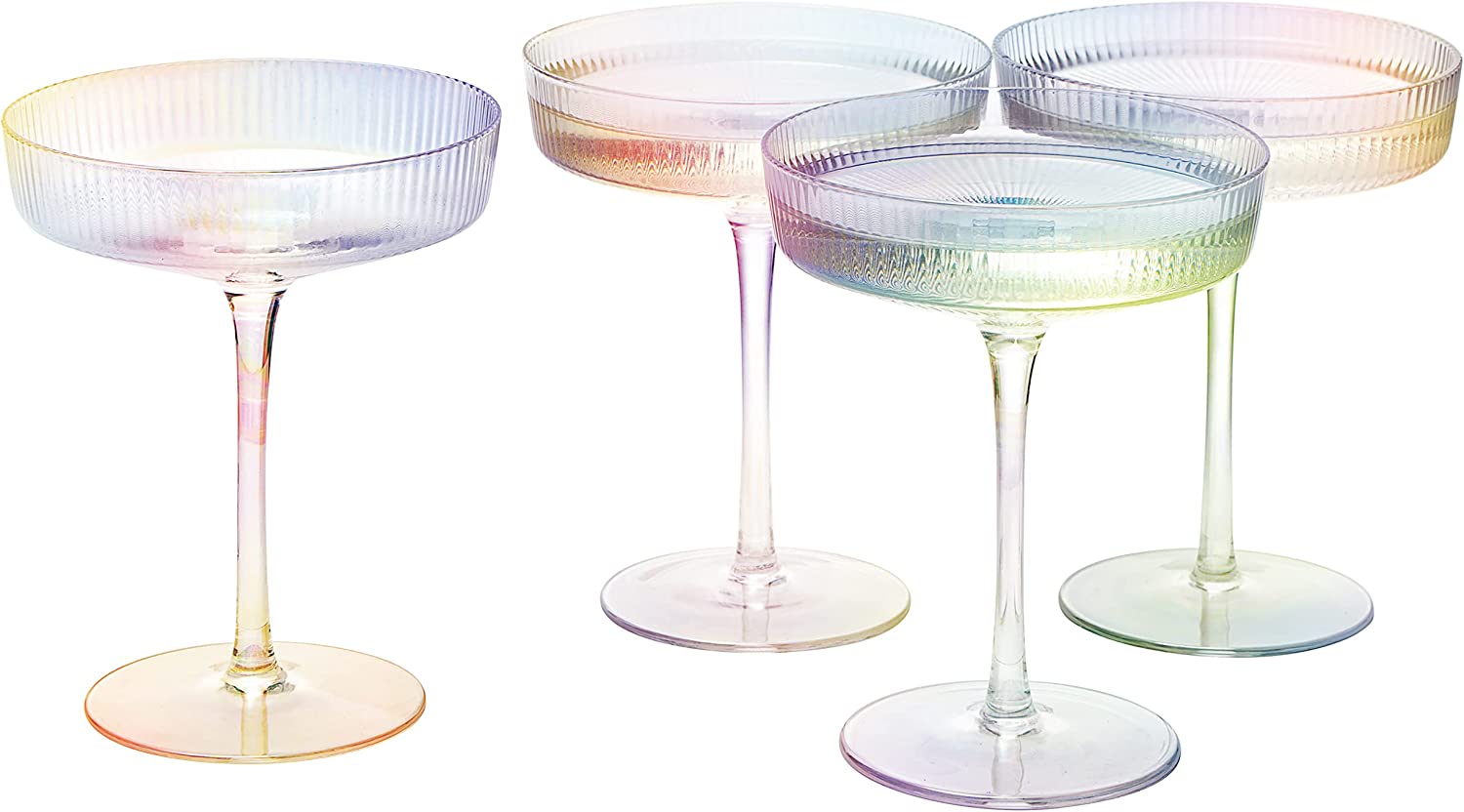 Ribbed Coupe Cocktail Glasses 8 oz | Set of 4 | Classic Manhattan Glasses For Cocktails, Champagne Coupe, Ripple Coupe Glasses, Art Deco Gatsby Vintage, Crystal with Stems (Iridescent)-8