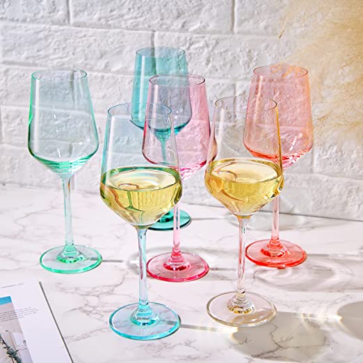 Colored Crystal Wine Glass Set of 6, Gift For Mothers Day, Her, Wife, Mom Friend - Large 12 oz Glasses, Unique Italian Style Tall Drinkware - Red & White, Dinner, Beautiful Glassware - (Summer)-1