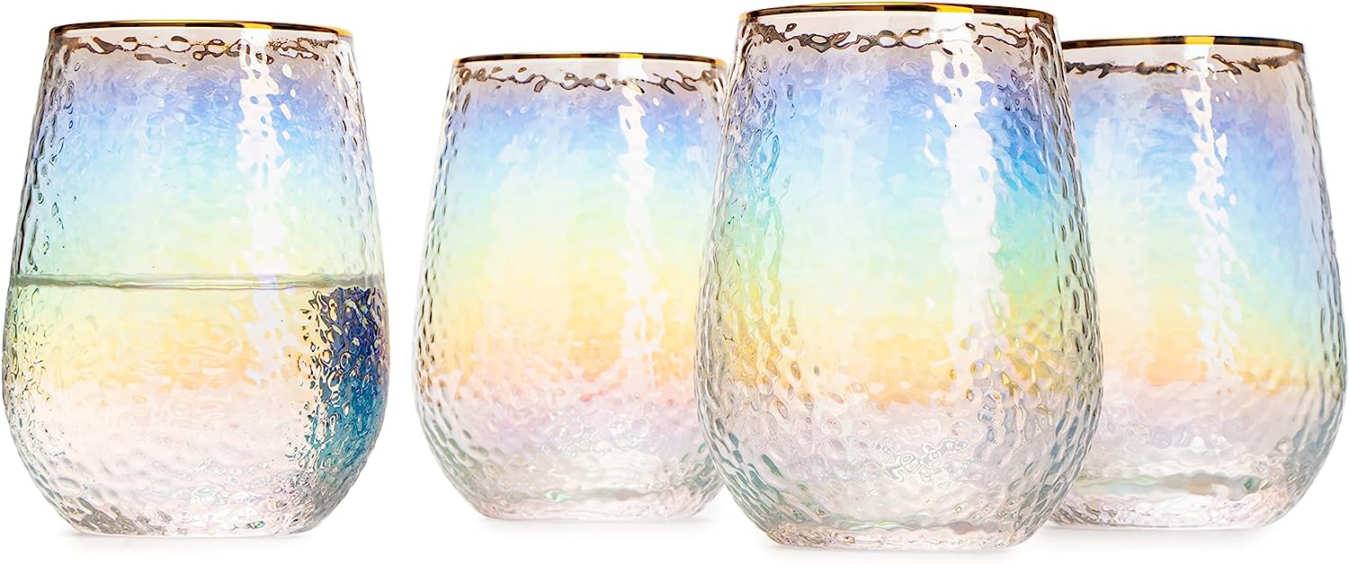 Festive Lustered Iridescent Stemless Wine & Water Glasses - Set of 4-100% Glass 15oz Mouthblown Colorful Glasses - Anniversaries, Birthday Gift, Cocktail Party Radiance - Water, Whiskey, Juice, Gift-6