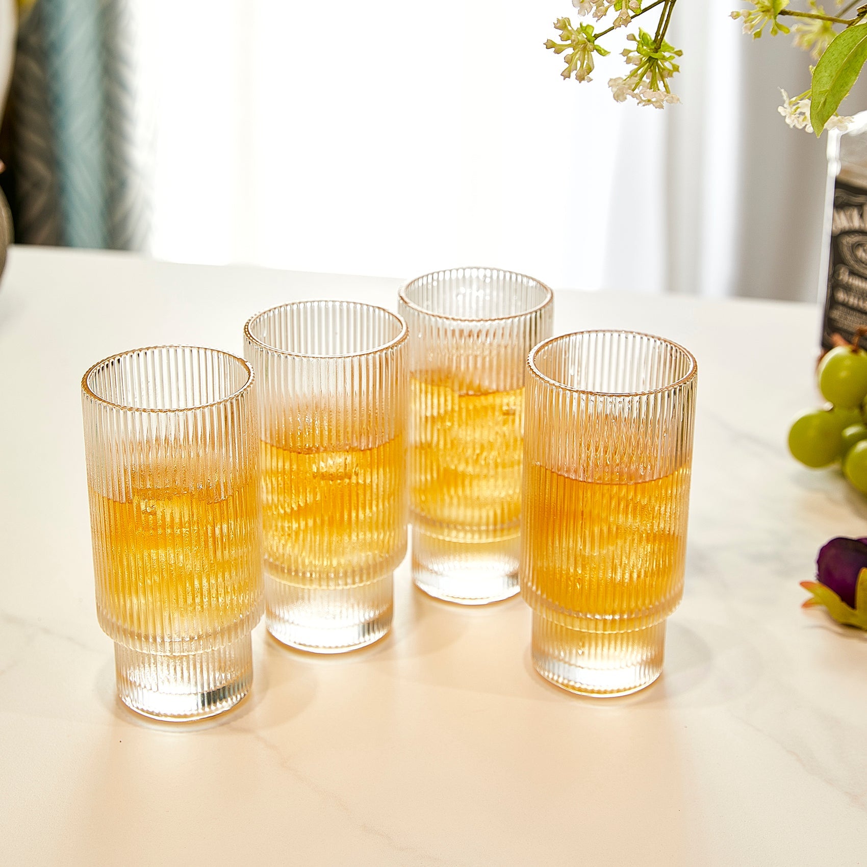 Vintage Art Deco Crystal Highball Ribbed Glass Set of 4 - Ripple, Collins Glassware 14oz Classic Crystal Cocktail Glasses Perfect for Water, Champagne, Beer, Juice, Tom Cocktails - Barware Tumblers-2