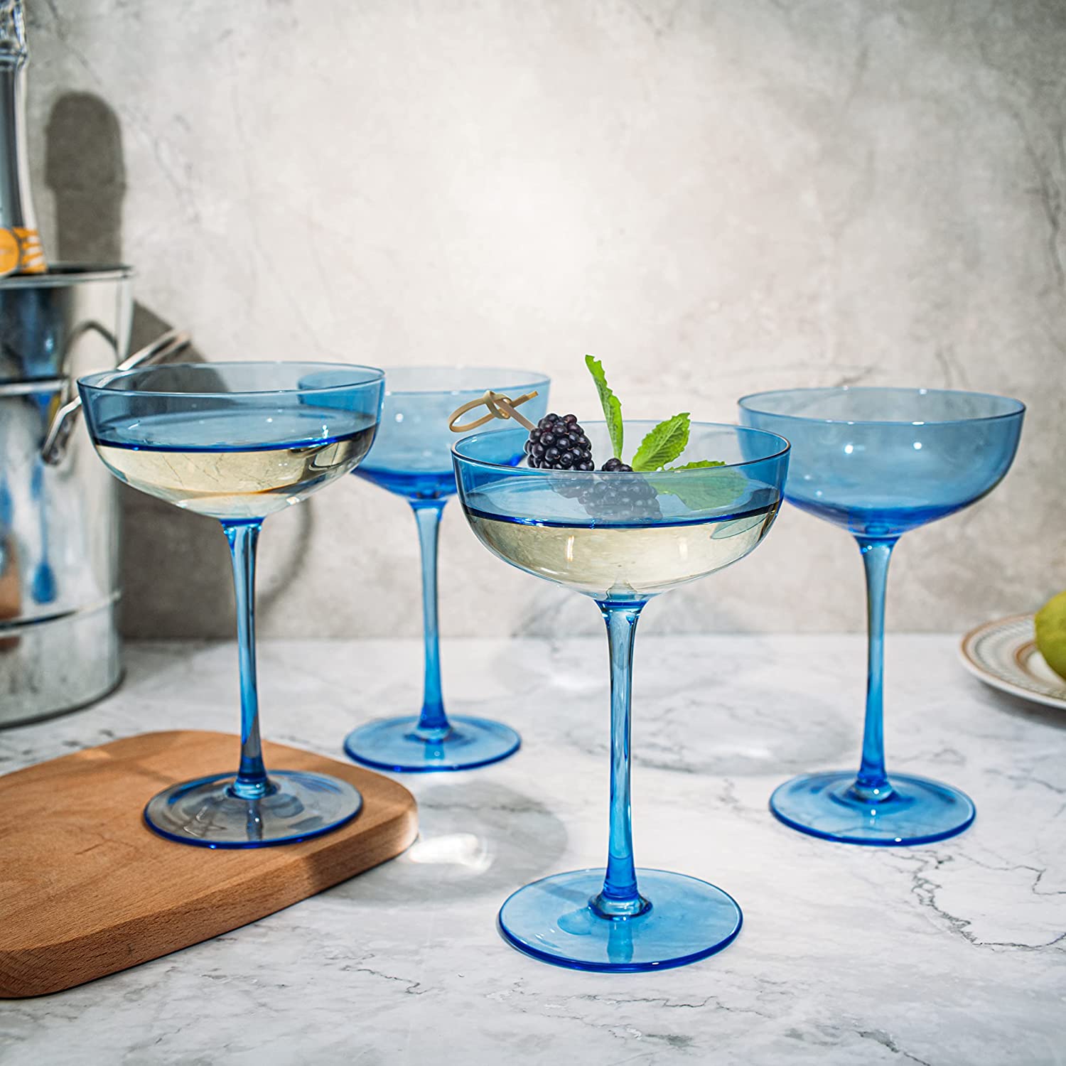 The Wine Savant Colored Coupe Glass | 7oz | Set of 4 Colorful Champagne & Cocktail Glasses, Fancy Manhattan, Crystal Martini, Cocktails Set, Margarita Bar Glassware Gift, Vintage (Blue)-1