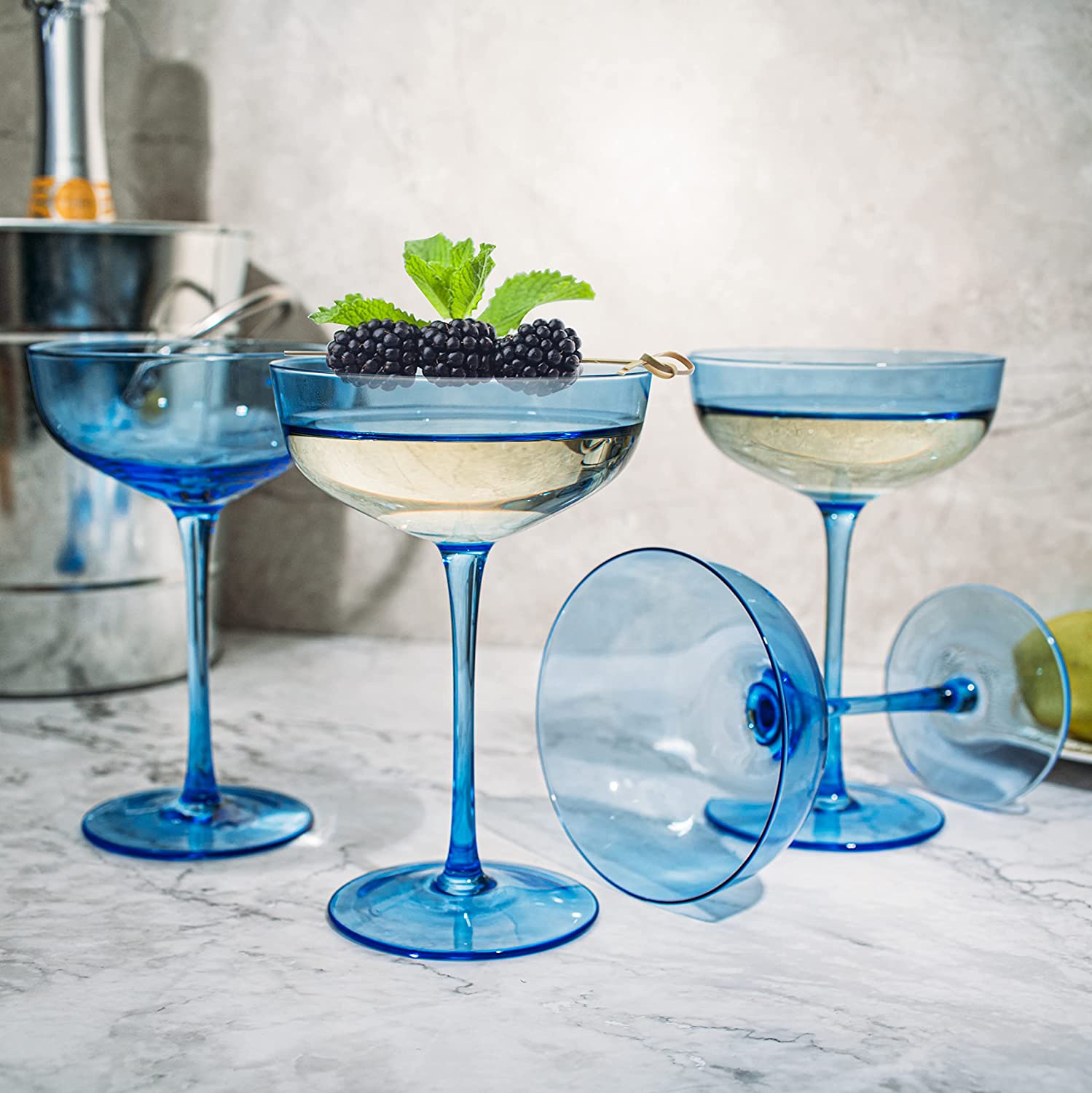 The Wine Savant Colored Coupe Glass | 7oz | Set of 4 Colorful Champagne & Cocktail Glasses, Fancy Manhattan, Crystal Martini, Cocktails Set, Margarita Bar Glassware Gift, Vintage (Blue)-2