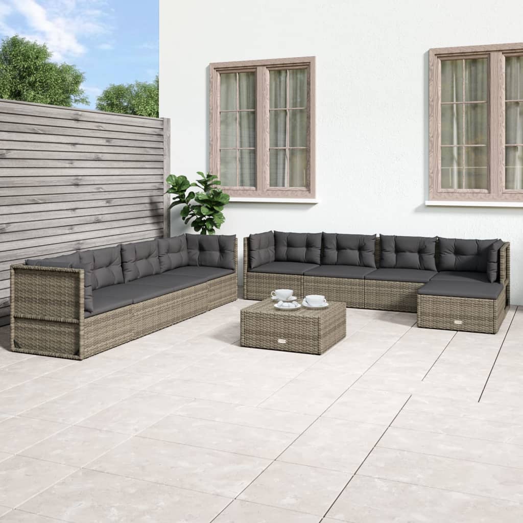vidaXL Patio Furniture Set Patio Lounge Set with Cushions Gray Poly Rattan-9