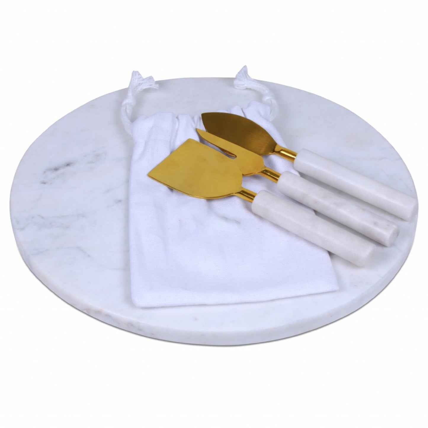 12" Round White Marble Cheese Board and Knife Set-4
