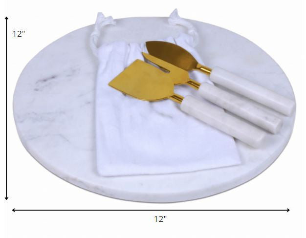 12" Round White Marble Cheese Board and Knife Set-5