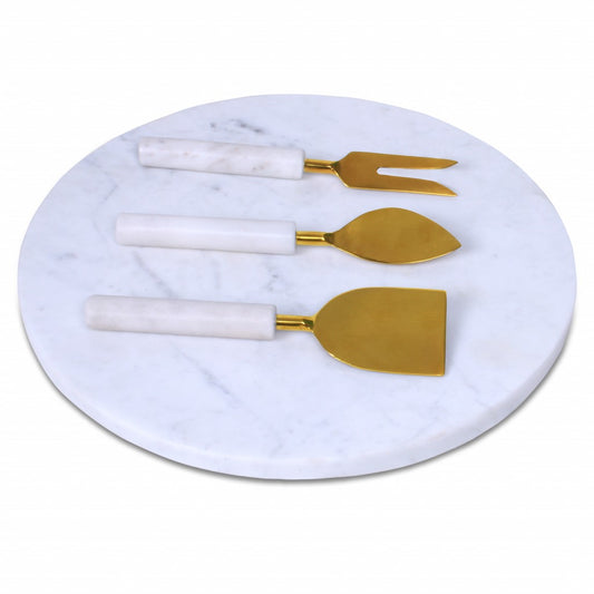12" Round White Marble Cheese Board and Knife Set-0