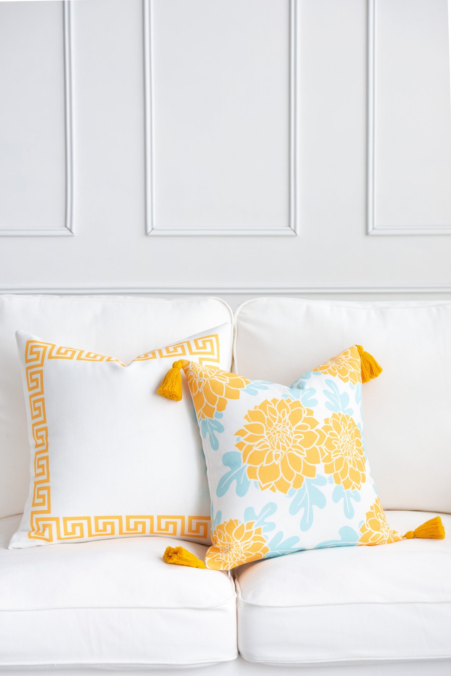 Coastal Indoor Outdoor Pillow Cover, Juno, Greek Key, Yellow, 20"x20"-4
