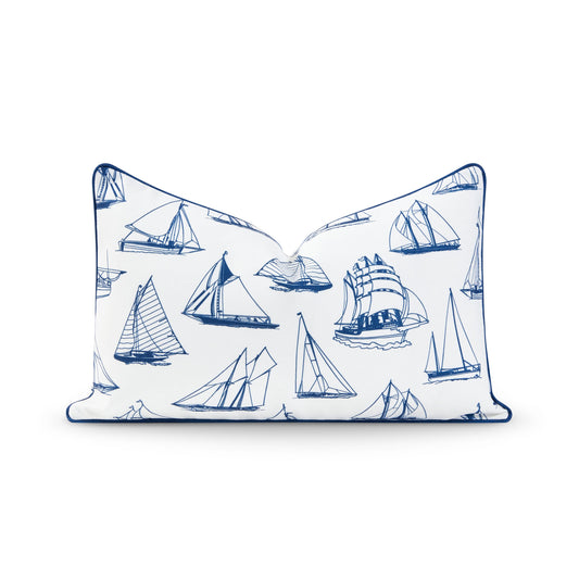 Coastal Hampton Style Indoor Outdoor Lumbar Pillow Cover, Nautical Yacht, Navy Blue, 12"x20"-0