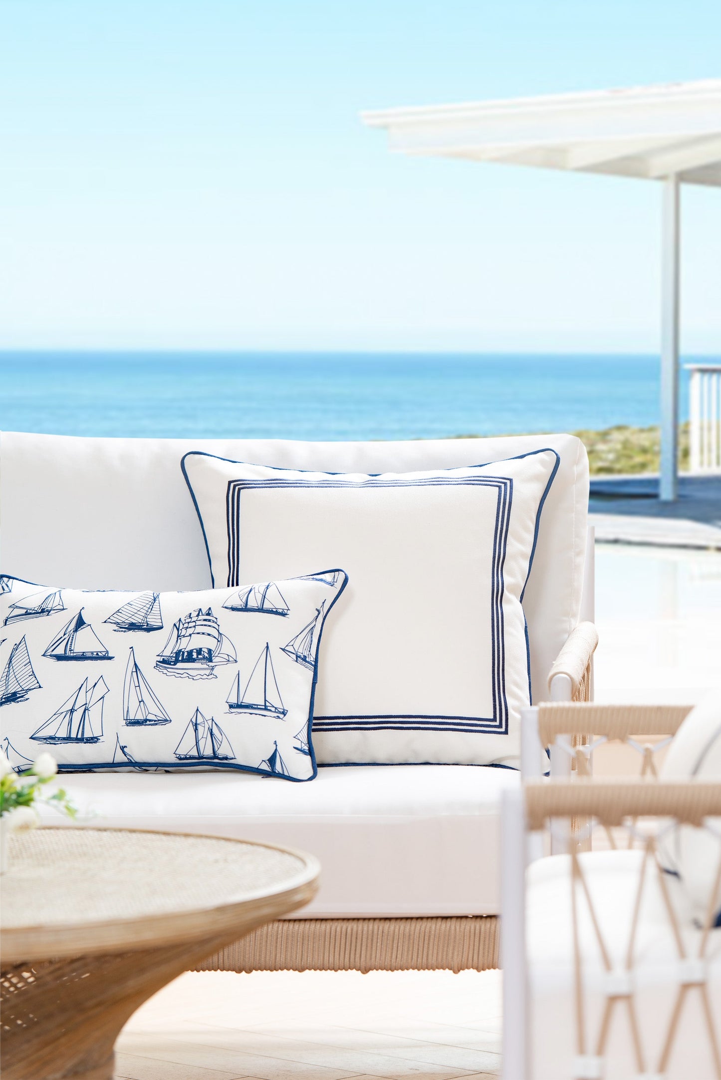 Coastal Hampton Style Indoor Outdoor Lumbar Pillow Cover, Nautical Yacht, Navy Blue, 12"x20"-1