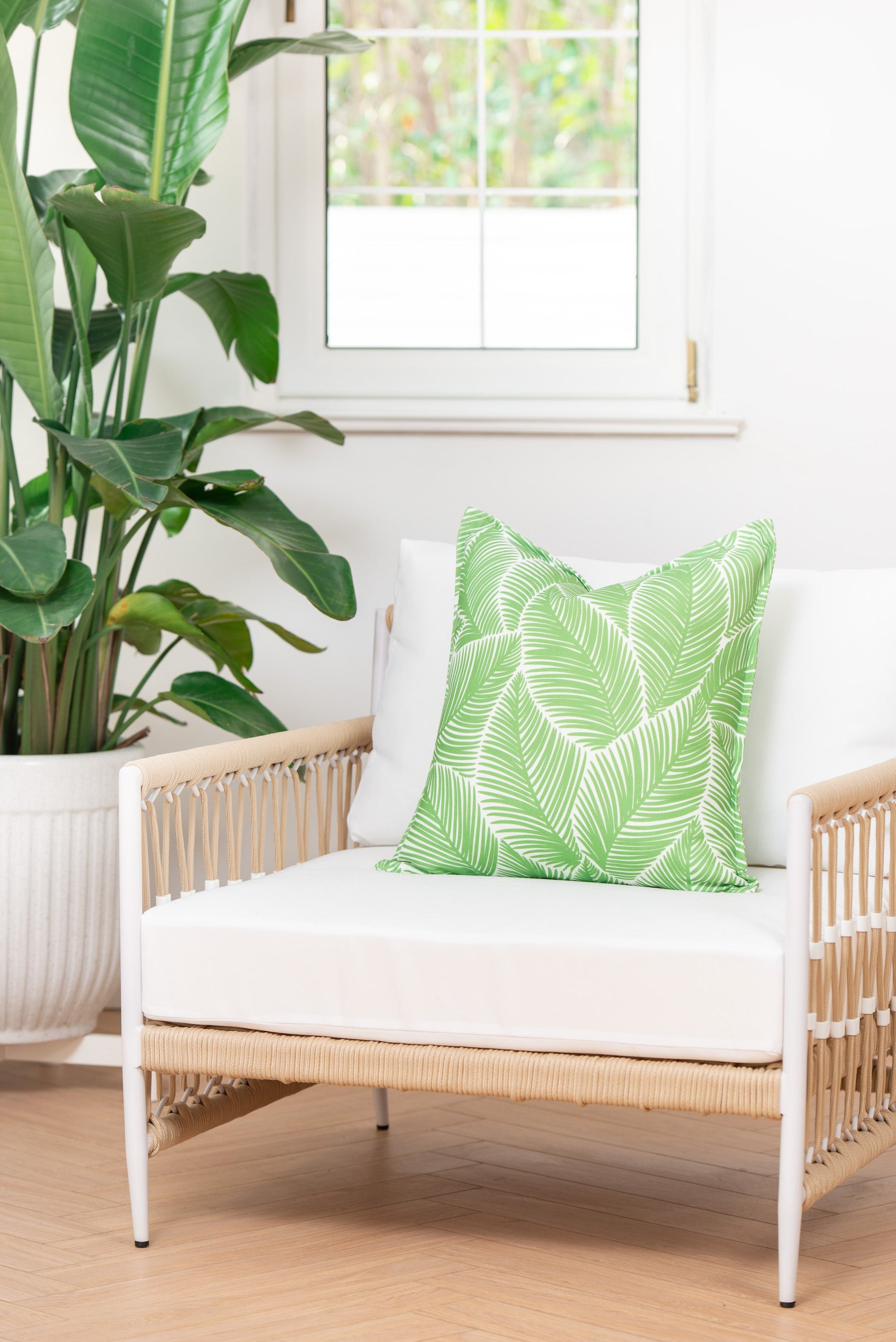 Coastal Indoor Outdoor Pillow Cover, Palm Leaf, Pale Green, 20"x20"-2