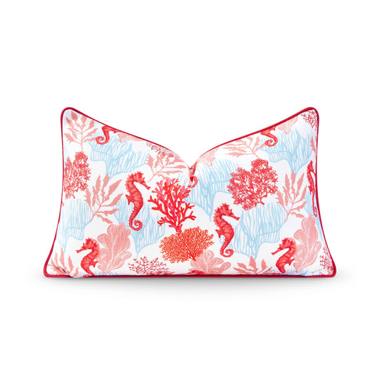 Coastal Indoor Outdoor Lumbar Pillow Cover, Coral Seahorse, Red Pink Baby Blue, 12"x20"-0