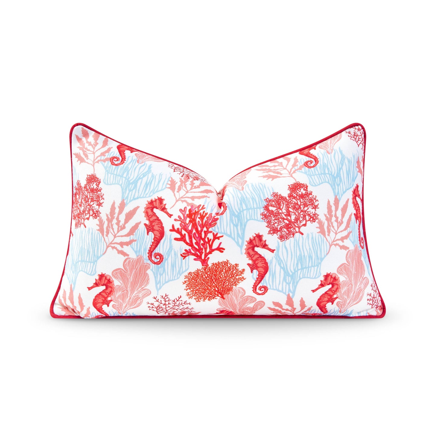 Coastal Indoor Outdoor Lumbar Pillow Cover, Coral Seahorse, Red Pink Baby Blue, 12"x20"-0