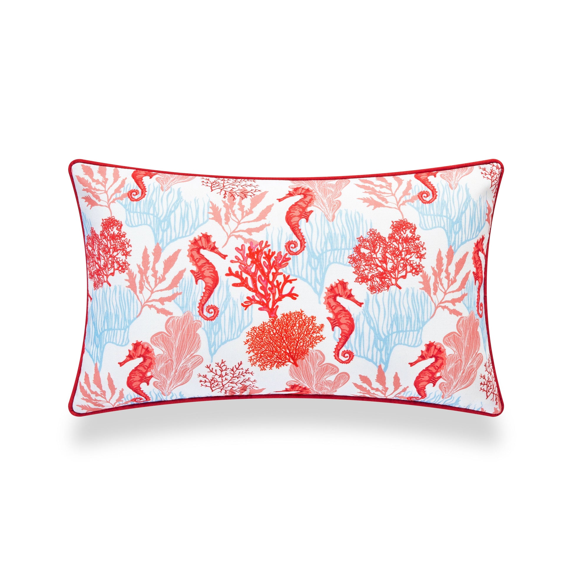Coastal Indoor Outdoor Lumbar Pillow Cover, Coral Seahorse, Red Pink Baby Blue, 12"x20"-4