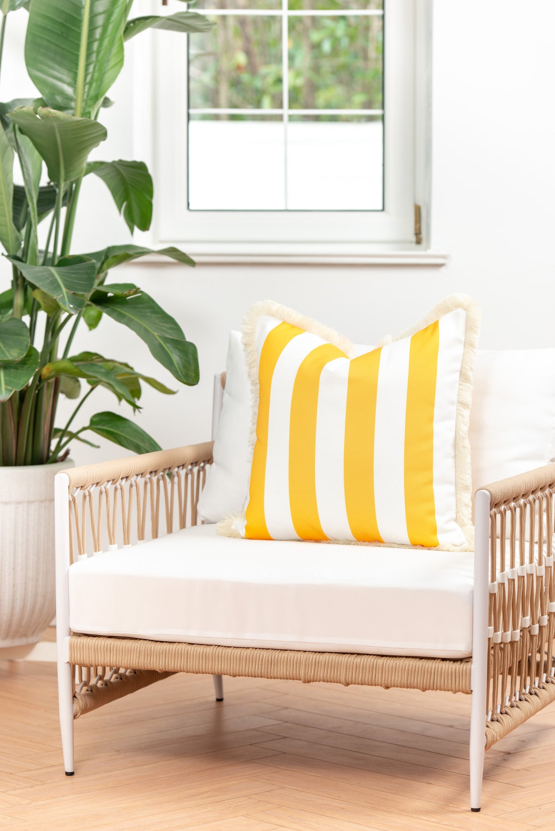 Coastal Indoor Outdoor Pillow Cover, Stripe Fringe, Yellow, 20"x20"-2