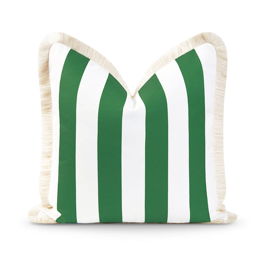 Coastal Indoor Outdoor Pillow Cover, Stripe Fringe, Green, 20"x20"-0