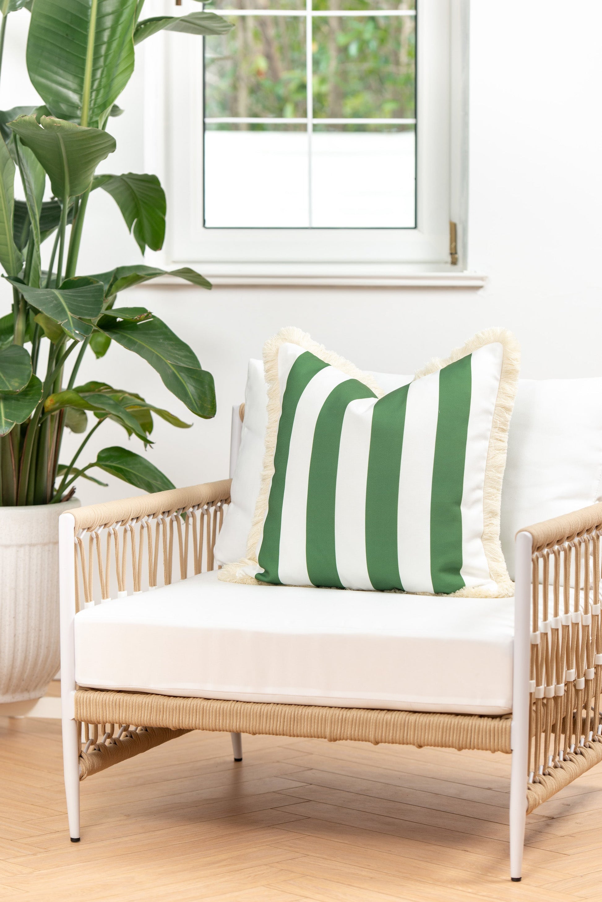 Coastal Indoor Outdoor Pillow Cover, Stripe Fringe, Green, 20"x20"-2