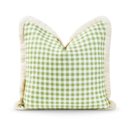 Coastal Indoor Outdoor Pillow Cover, Gingham Fringe, Green, 20"x20"-0