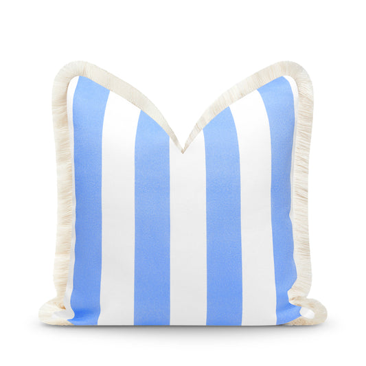 Coastal Indoor Outdoor Pillow Cover, Stripe Fringe, Cornflower Blue, 20"x20"-0