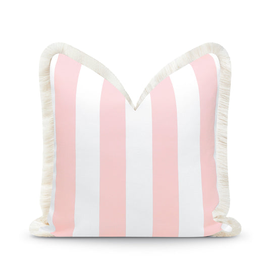 Coastal Indoor Outdoor Pillow Cover, Stripe Fringe, Blush Pink, 20"x20"-0