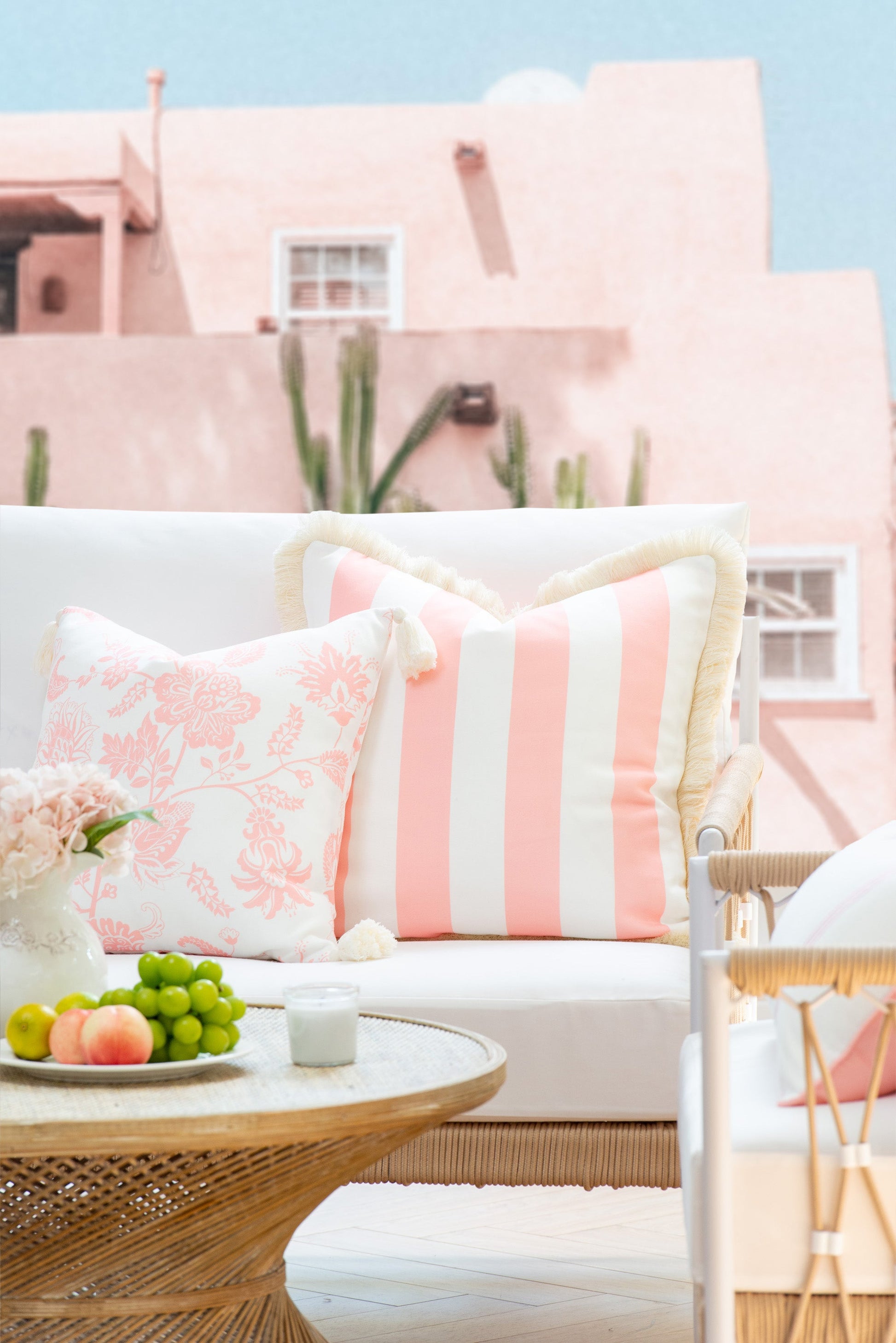 Coastal Indoor Outdoor Pillow Cover, Stripe Fringe, Blush Pink, 20"x20"-1