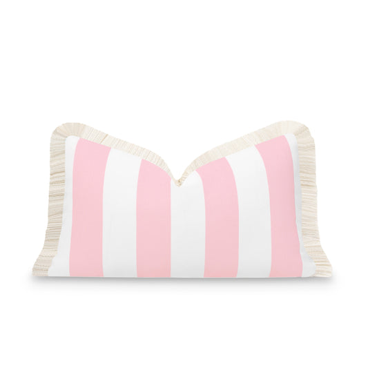 Coastal Indoor Outdoor Lumbar Pillow Cover, Stripe Fringe, Blush Pink, 12"x20"-0