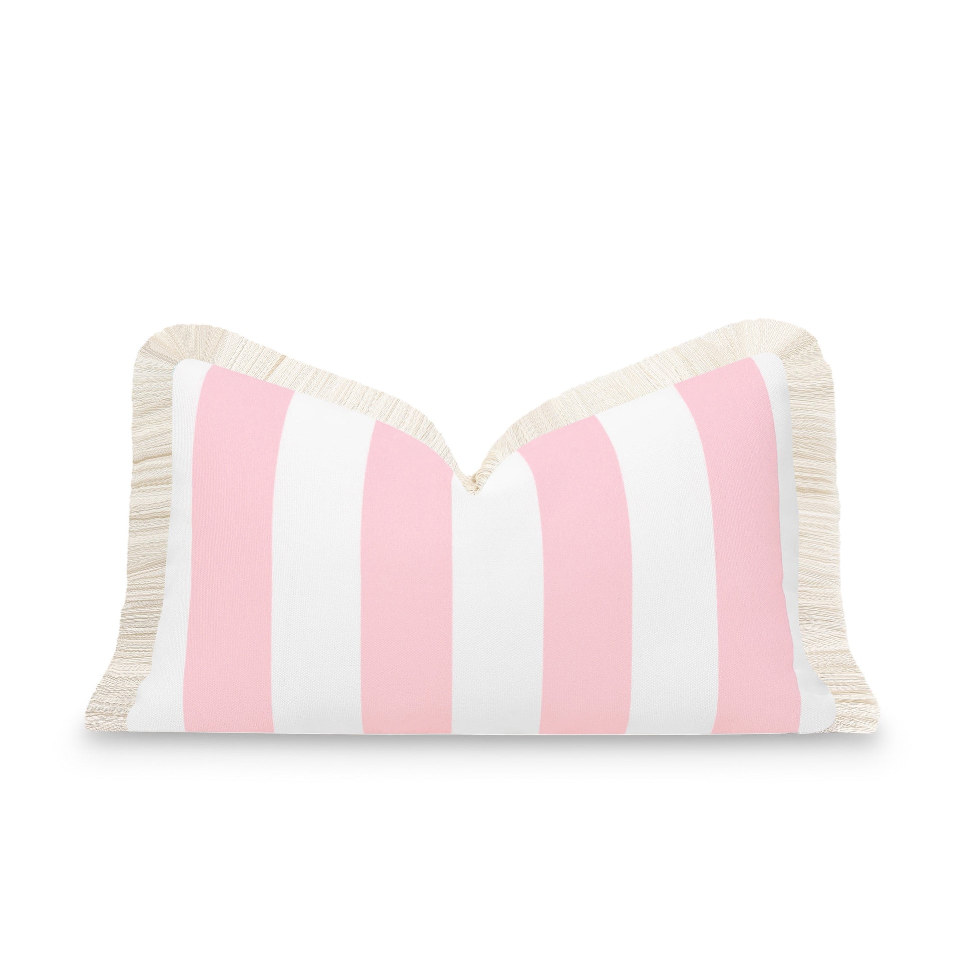 Coastal Indoor Outdoor Lumbar Pillow Cover, Stripe Fringe, Blush Pink, 12"x20"-0