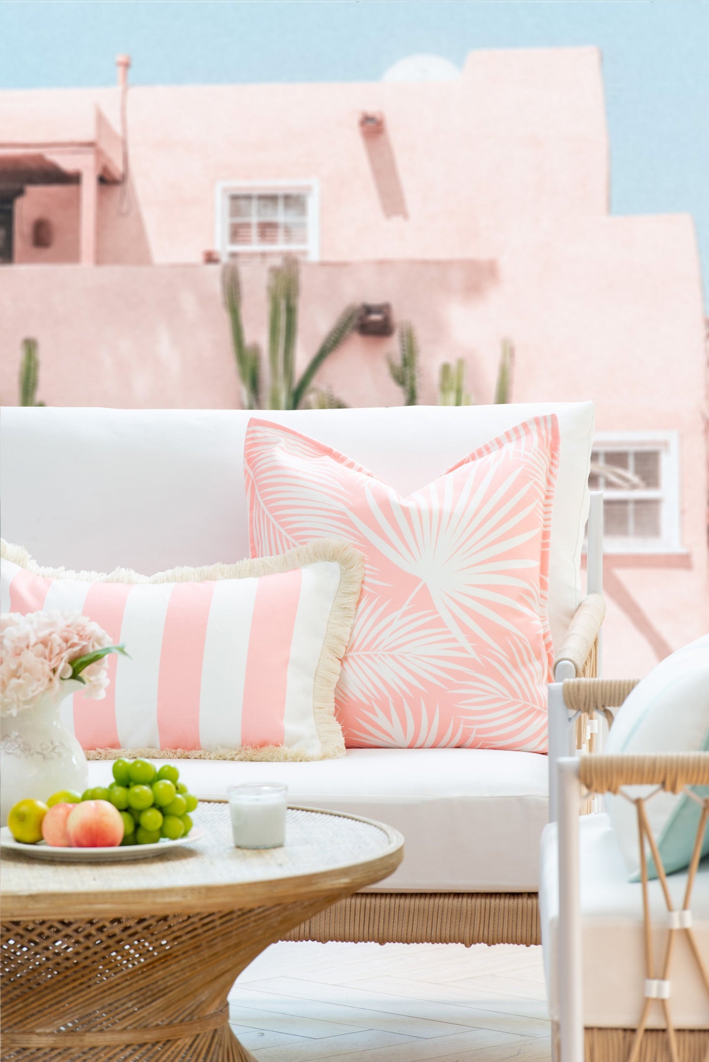 Coastal Indoor Outdoor Lumbar Pillow Cover, Stripe Fringe, Blush Pink, 12"x20"-1