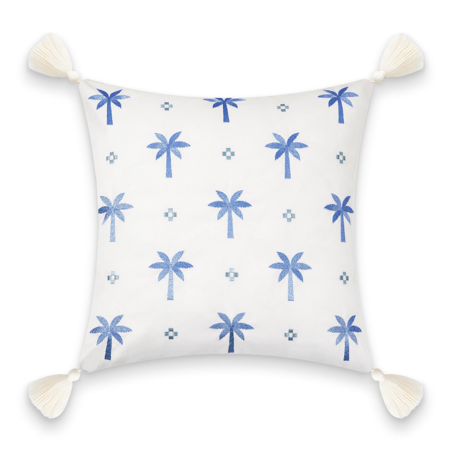 Coastal Indoor Outdoor Pillow Cover, Embroidered Coconut Tree Tassel, Cornflower Blue, 20"x20"-5
