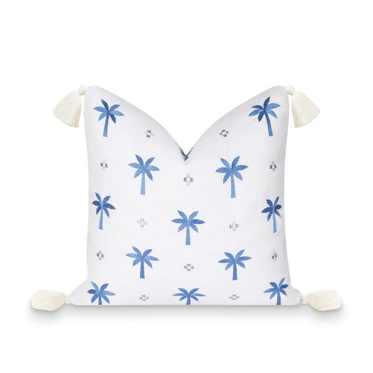 Coastal Indoor Outdoor Pillow Cover, Embroidered Coconut Tree Tassel, Cornflower Blue, 20"x20"-0