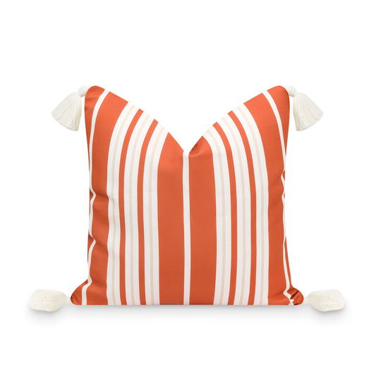 Fall Coastal Indoor Outdoor Pillow Cover, Stripe Tassel, Rust Orange, 18"x18"-0