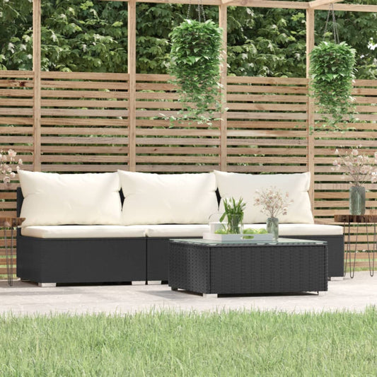 vidaXL Patio Furniture Set 4 Piece with Cushions Black Poly Rattan-0