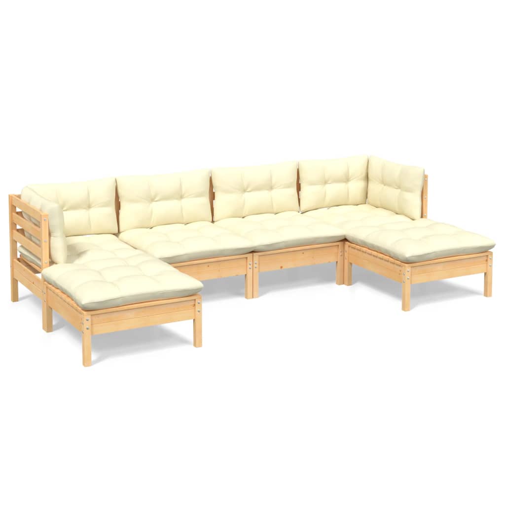 vidaXL 6 Piece Patio Lounge Set with Cream Cushions Pinewood-7