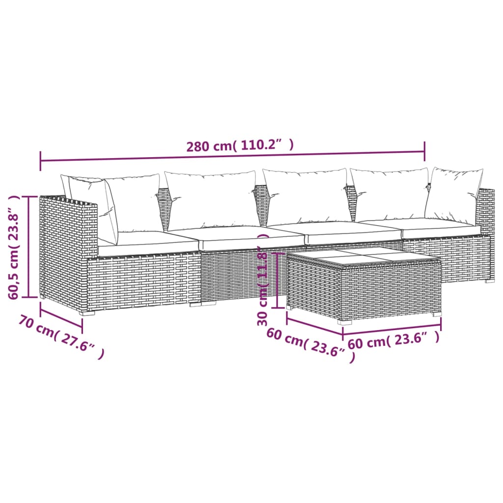 vidaXL Patio Furniture Set 5 Piece with Cushions Poly Rattan Gray-8