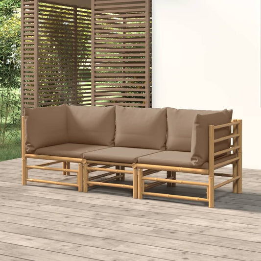 vidaXL 3 Piece Patio Lounge Set with Taupe Cushions Bamboo-0