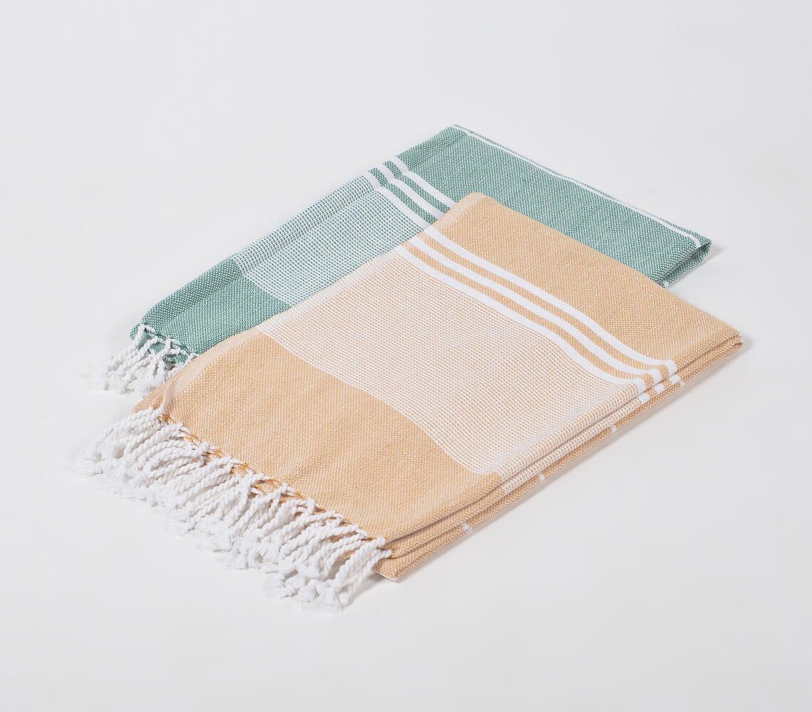 Handwoven Cotton striped Sage & yellow Bath Towels (Set Of 2)-1