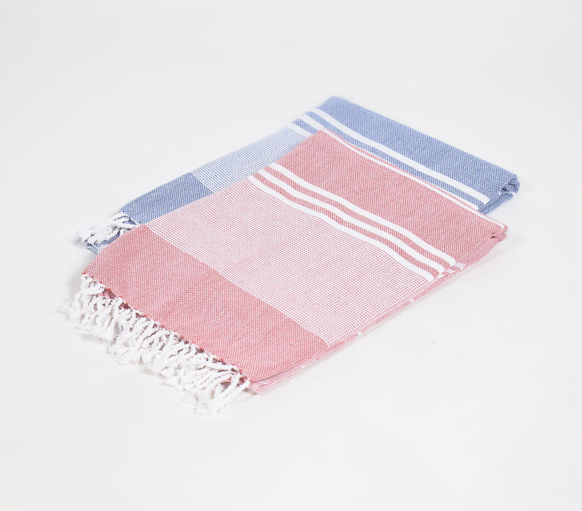 Handwoven Cotton Striped Red & Periwinkle Bath Towels (Set Of 2)-1