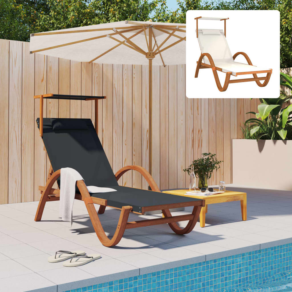 vidaXL Sun Lounger Chair with Canopy Furniture Textilene and Solid Wood Poplar-8